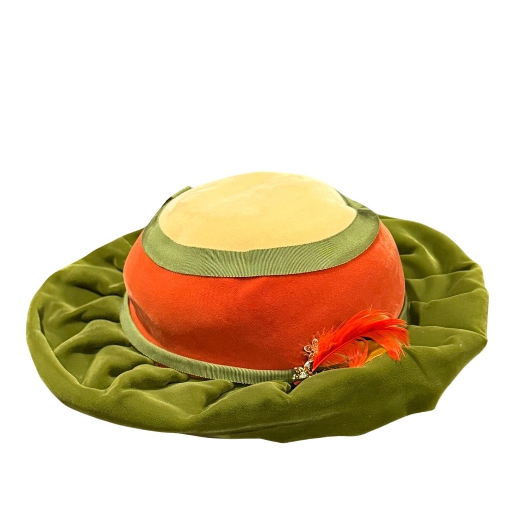 Vintage 1960s Marche Exclusive Velvet Cloche Hat Women 22.5 Orange Green Feather